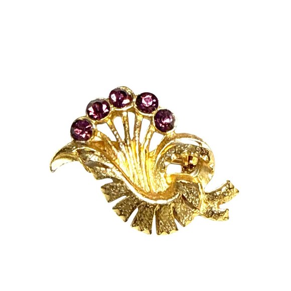 Vintage Gold Tone Brooch with Purple Rhinestones Floral Design - Picture 2 of 8